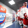 MOSCOW, RUSSIA - MAY 12: Denmark's Kirill Starkov #14 and teammates await to take to the ice for preliminary round action against Russia at the 2016 IIHF Ice Hockey World Championship. (Photo by Andre Ringuette/HHOF-IIHF Images)

